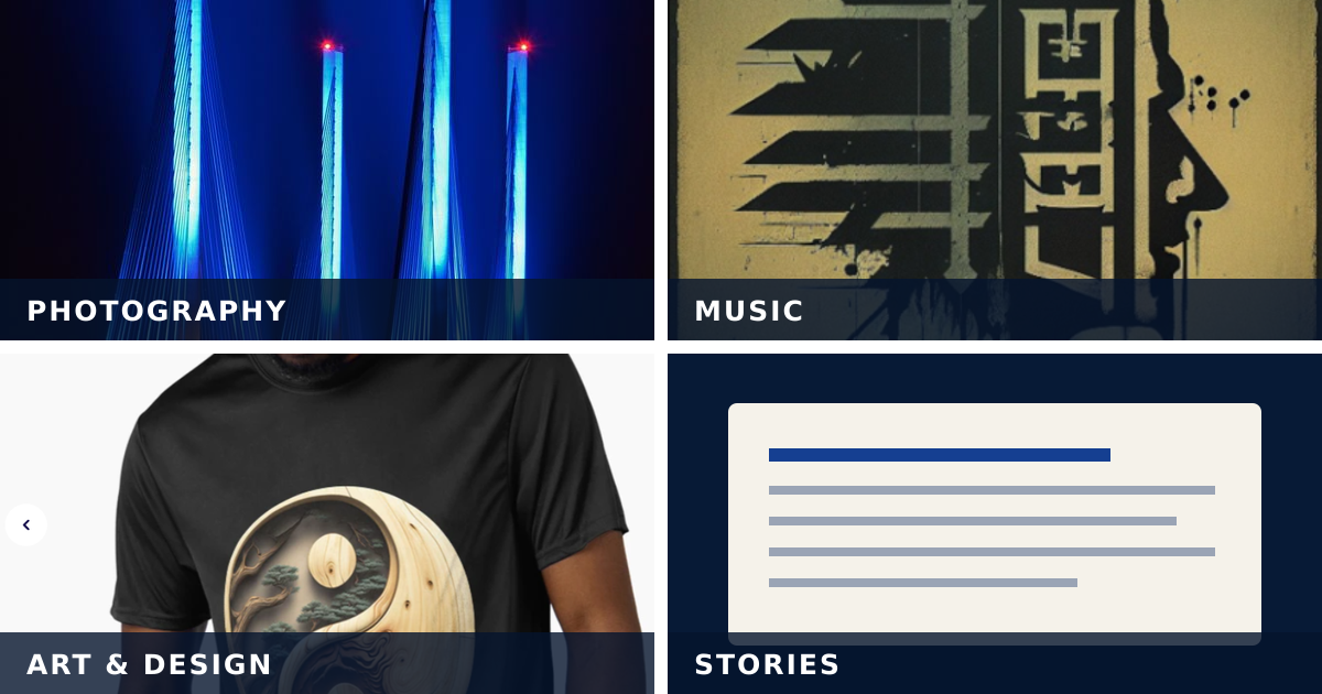 Four-panel collage representing Billy Beck's photography, music, artwork and storytelling, featuring the Indian River Inlet Bridge, Billy Beck cover art, a Yin Yang design and a written page.