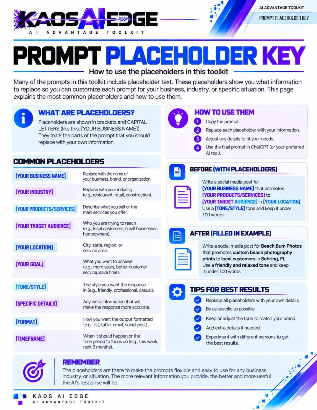 Prompt Placeholder Key page from the AI Advantage Toolkit