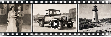 Wedding, vehicle, and lighthouse photographs presented as a filmstrip