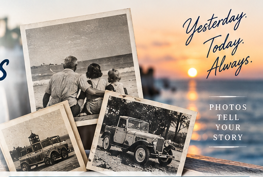 Vintage family and vehicle photographs beside a coastal sunset
