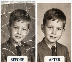 Before and after example of a restored childhood portrait