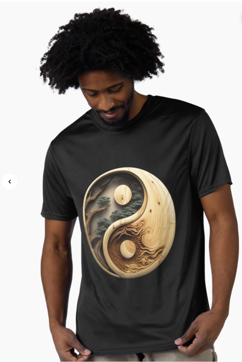 Yin Yang Wood Carving shown on a Redbubble product